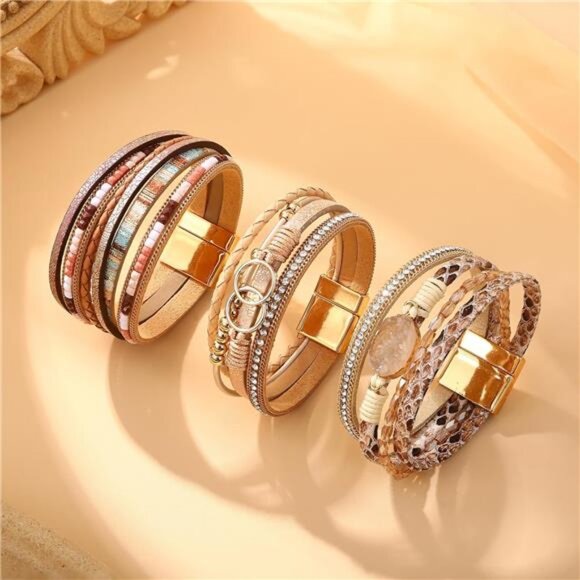 Boho Leather Wrap Bracelets for Women - Stackable Cuff Bangle with Beads - Picture 5 of 7